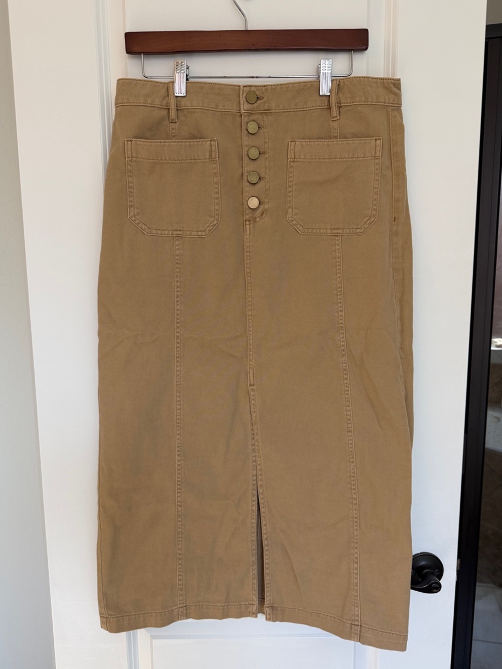 LOFT Camel Button-Front Midi Skirt with Patch Pockets